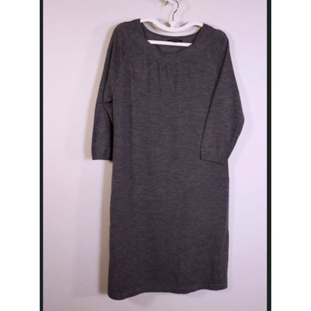 Lands' End Gray Merino Wool Sweater Dress Medium 10-12 3/4 Sleeve Stretch